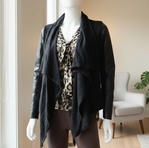 Simply Vera Vera Wang Black Open-Front Cardigan w/ Faux Leather Sleeves – Size M